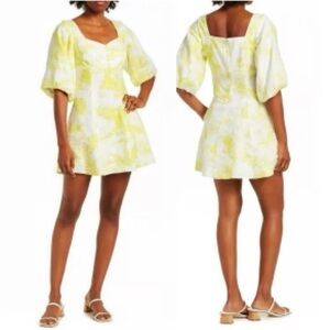 NICHOLAS Lydia Linen Puff Sleeve Mini Dress in Varley Toile Limeade Size 6